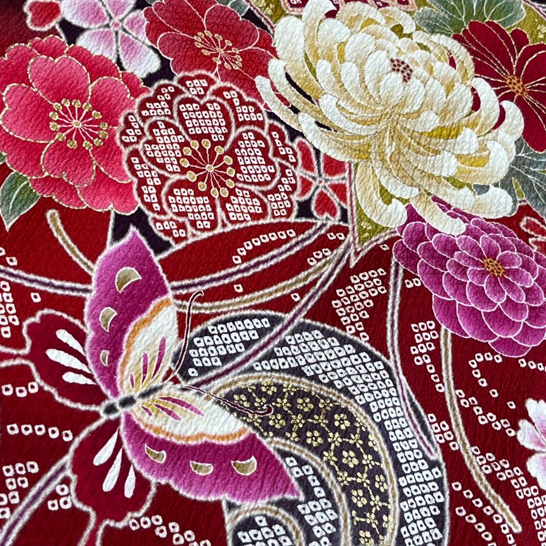 振袖　振り袖　成人式　フルセット　正絹　赤茶　赤　茶　絞り　牡丹　蝶　桜　花柄