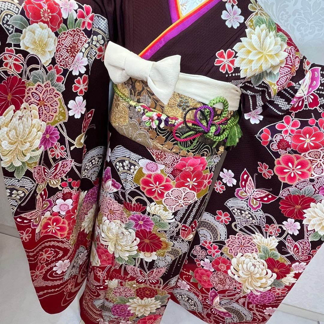 振袖　振り袖　成人式　フルセット　正絹　赤茶　赤　茶　絞り　牡丹　蝶　桜　花柄
