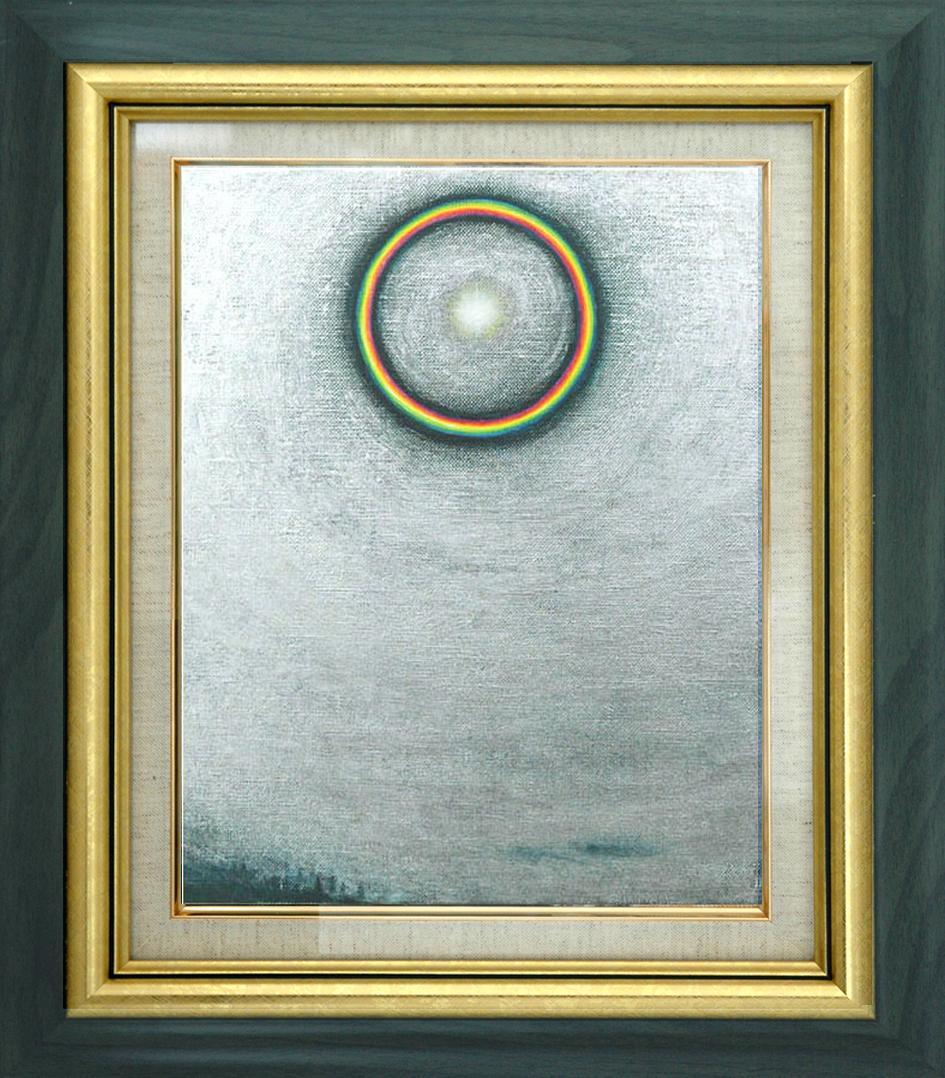 油絵 菅家令子 絵 絵画インテリア額付(青緑＋金色の枠)F3-S102023祈り