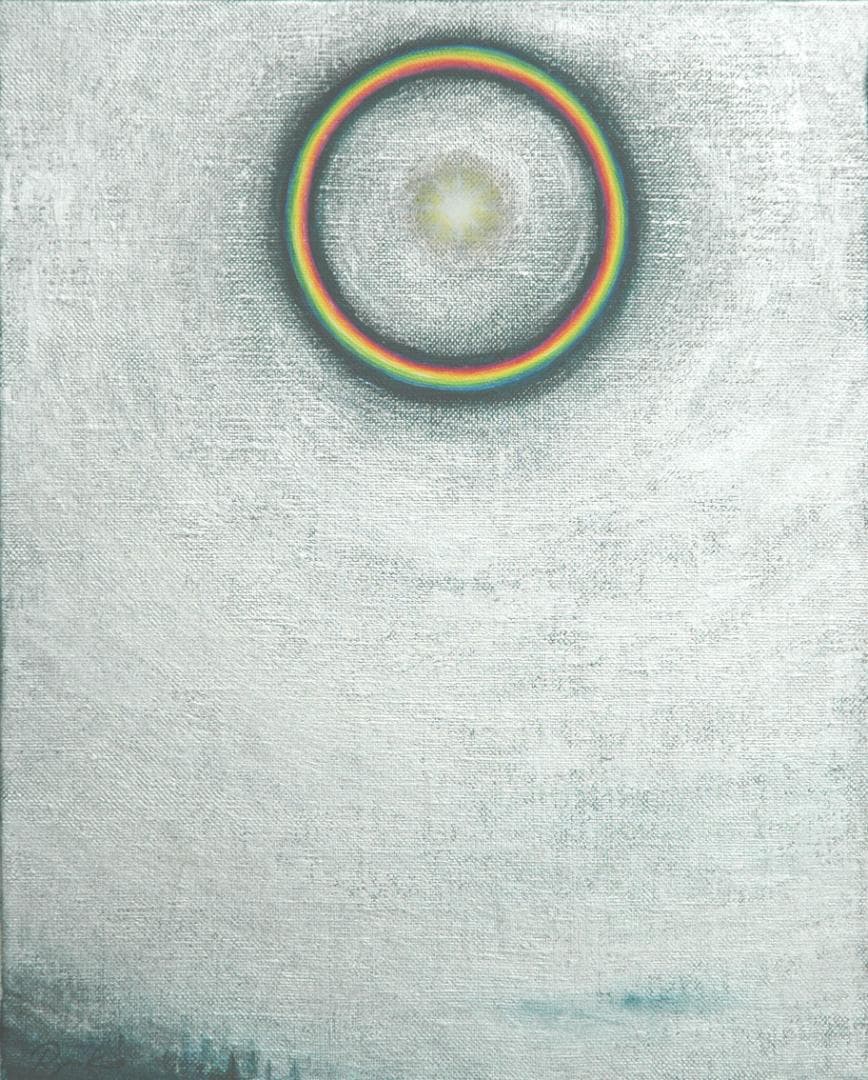 油絵 菅家令子 絵 絵画インテリア額付(青緑＋金色の枠)F3-S102023祈り