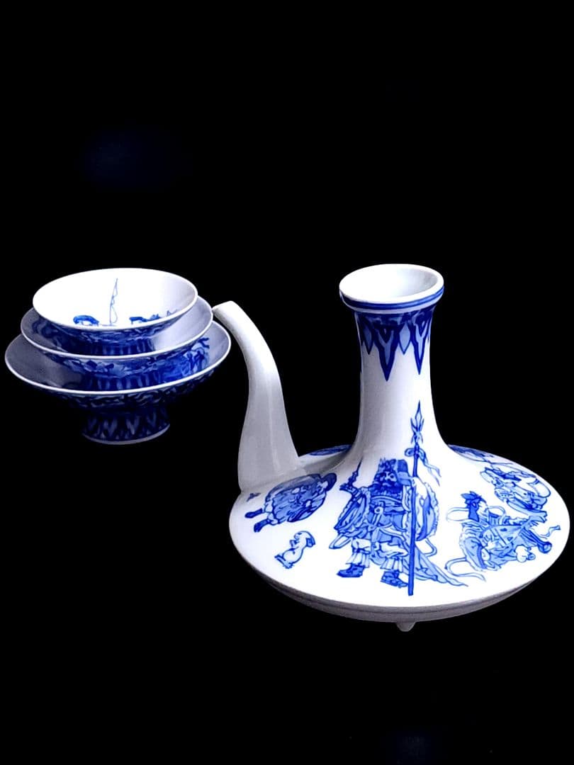 宮内庁御用達 十四代 辻常陸 作 染付七福神文 直燗揃 酒次/三ツ組盃 共箱/栞