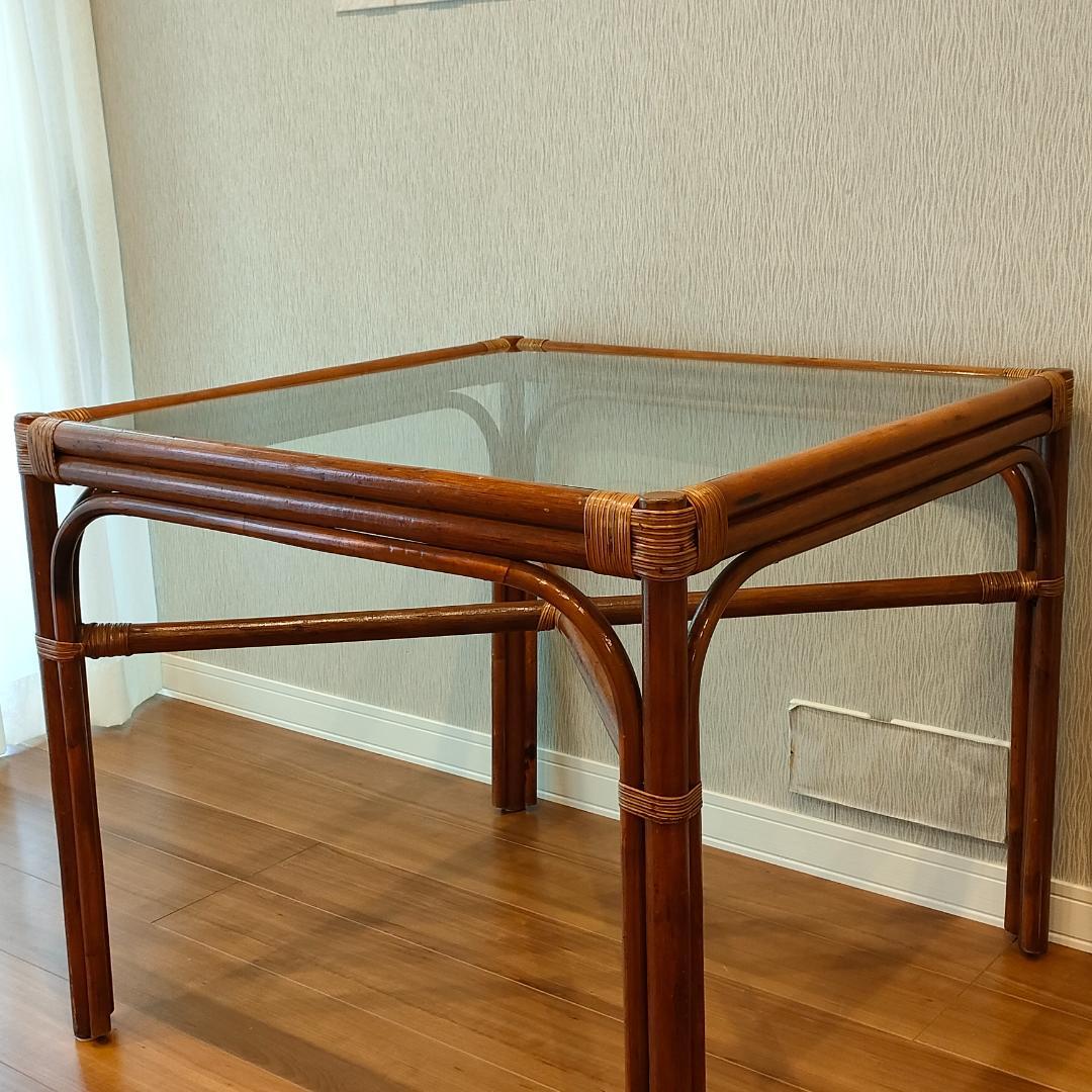 ビンテージラタン　ダイニングテーブルセット　ガラステーブル　椅子2脚付き