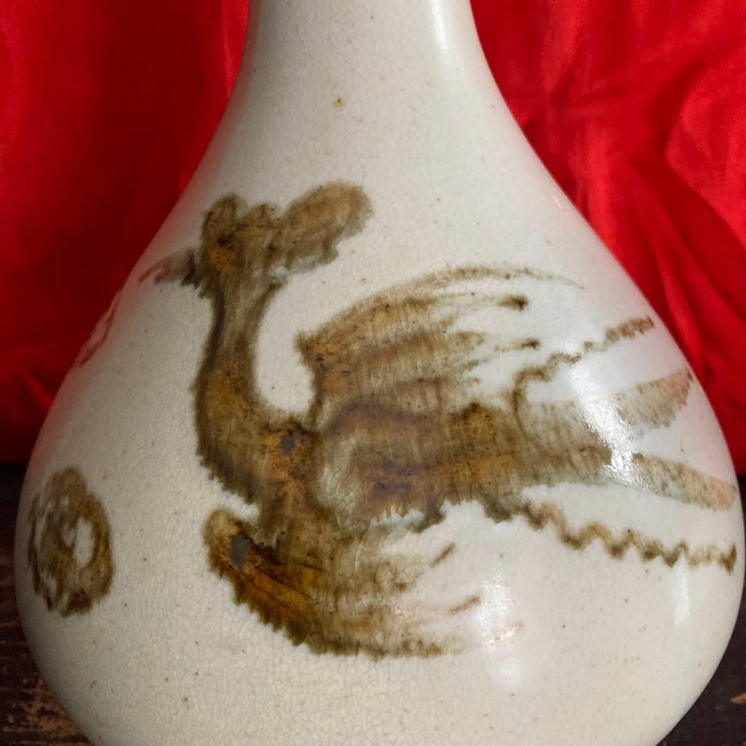 李朝　鉄砂　瓶　徳利　鳳凰文　箱付