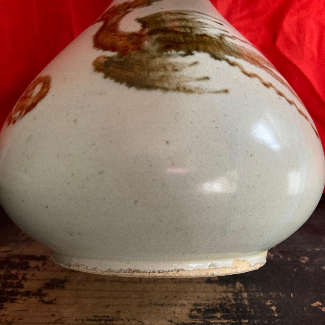 李朝　鉄砂　瓶　徳利　鳳凰文　箱付