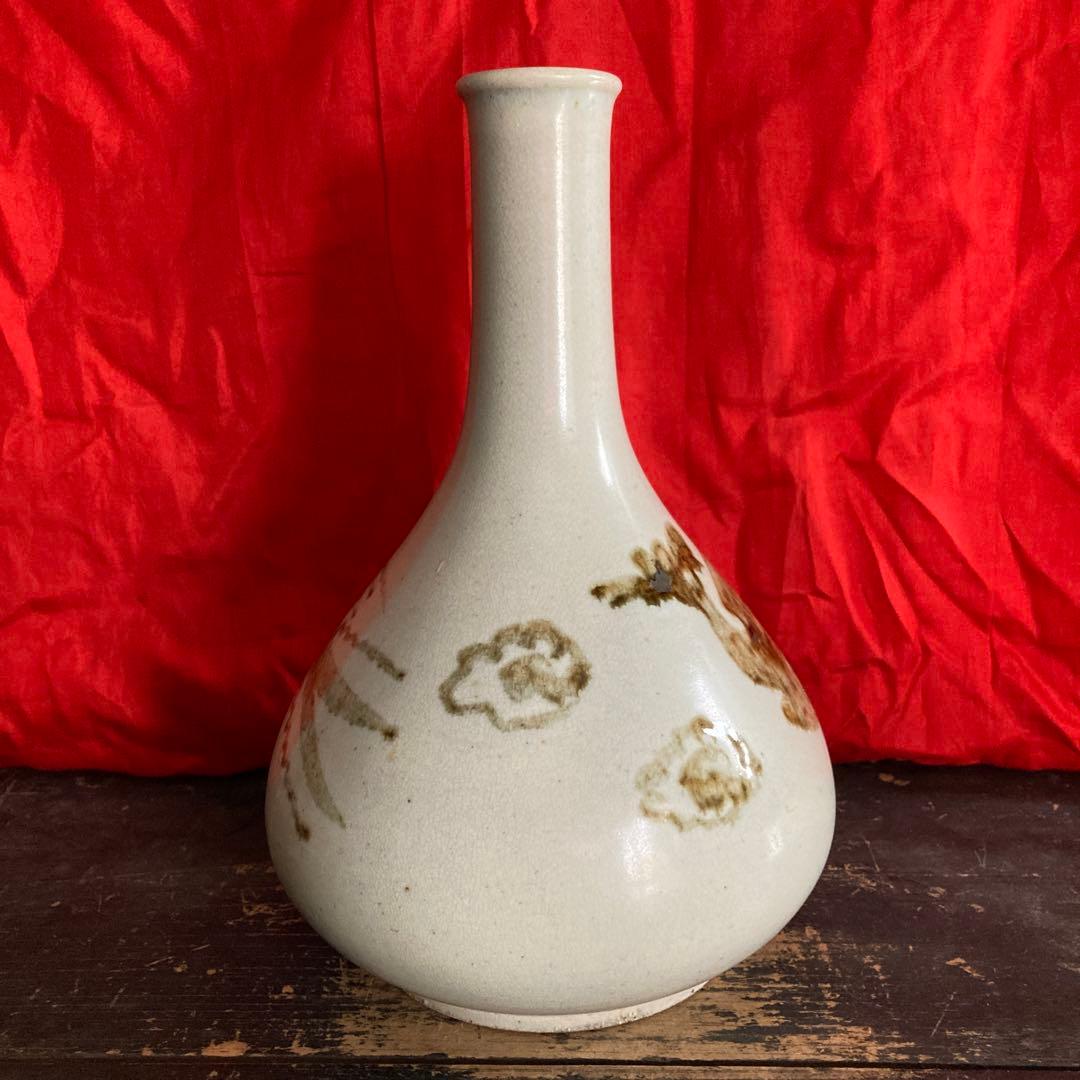 李朝　鉄砂　瓶　徳利　鳳凰文　箱付