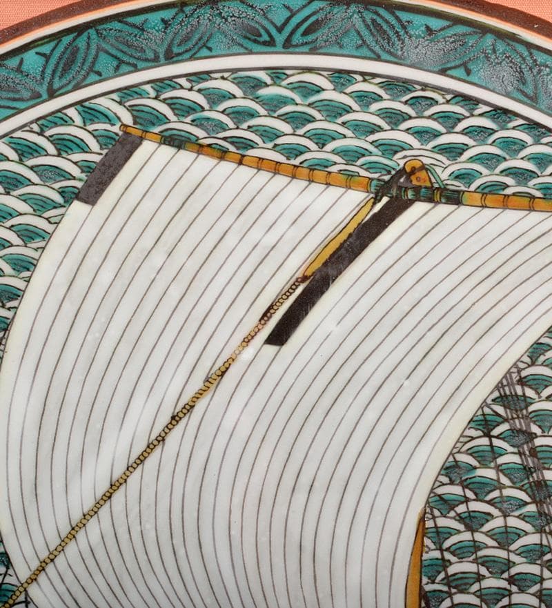 九谷焼名工　北村隆　青手九谷　北前船　帆船　飾皿　額装　D　R6062B