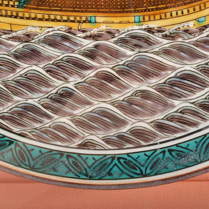 九谷焼名工　北村隆　青手九谷　北前船　帆船　飾皿　額装　D　R6062B