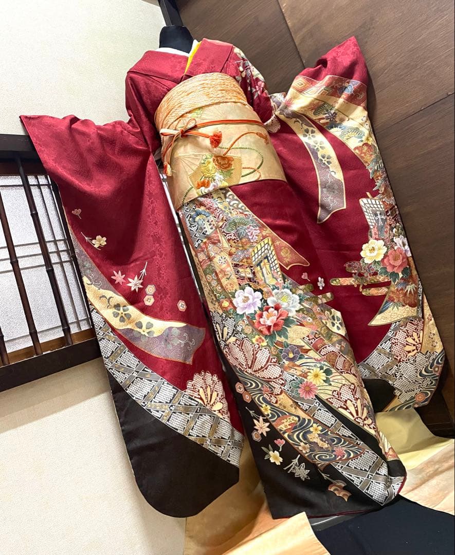 振袖フルセット6点M〜Lサイズ御所車花文　正絹　売り切り終了