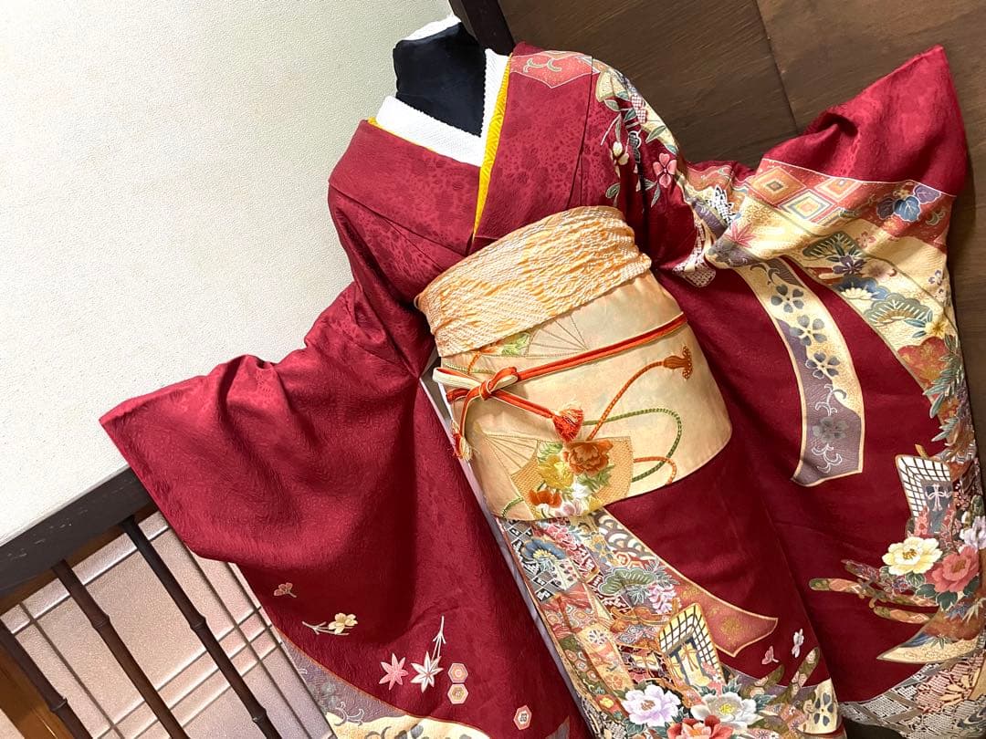 振袖フルセット6点M〜Lサイズ御所車花文　正絹　売り切り終了