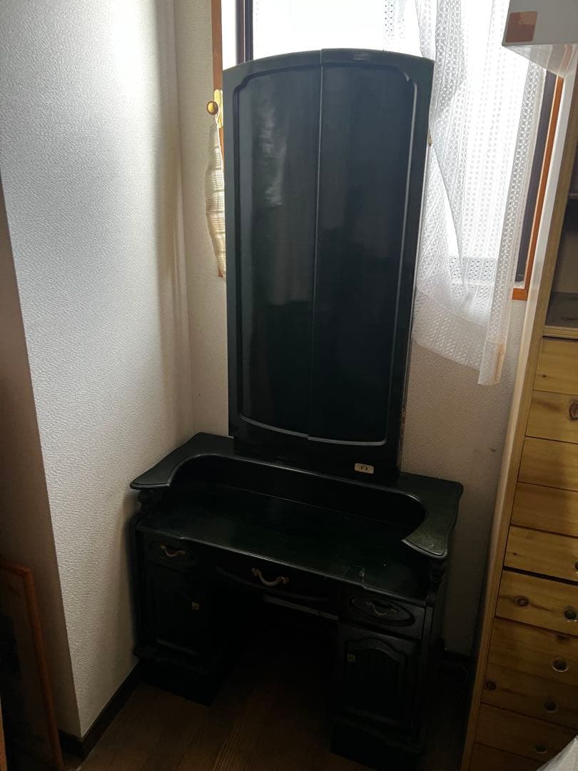 昭和レトロ　深緑色　木製ドレッサー 三面鏡付き