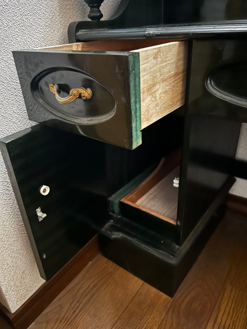 昭和レトロ　深緑色　木製ドレッサー 三面鏡付き