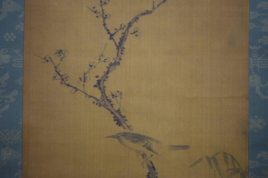 真作/田能村直入/小虎/梅に雀図/絹表装/布袋屋掛軸HG-81