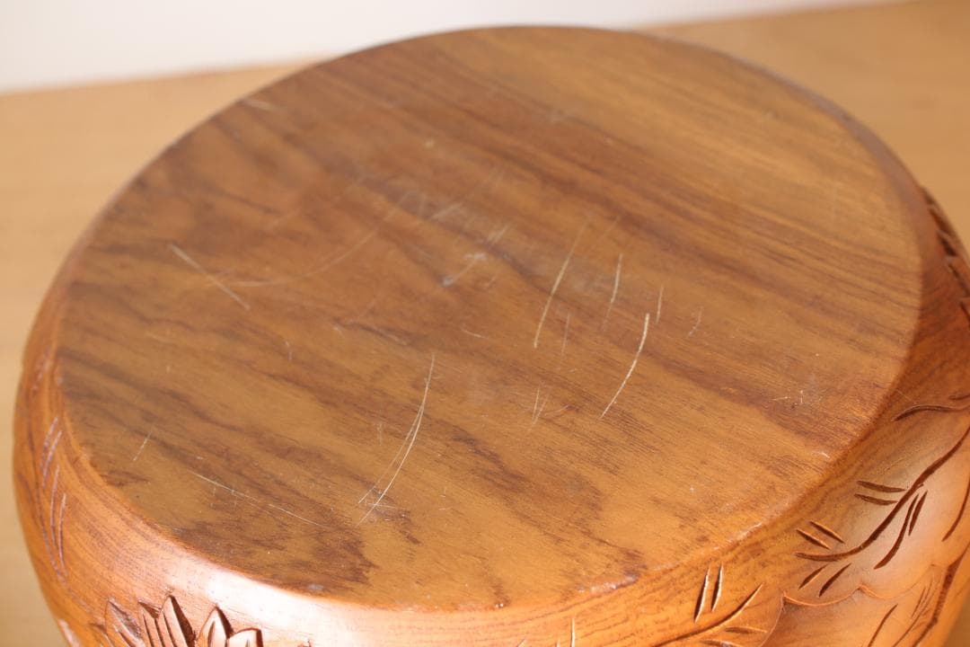 天然木 無垢材 茶櫃（ちゃびつ） 手彫り 花柄 彫刻 直径30cm 煎茶道具