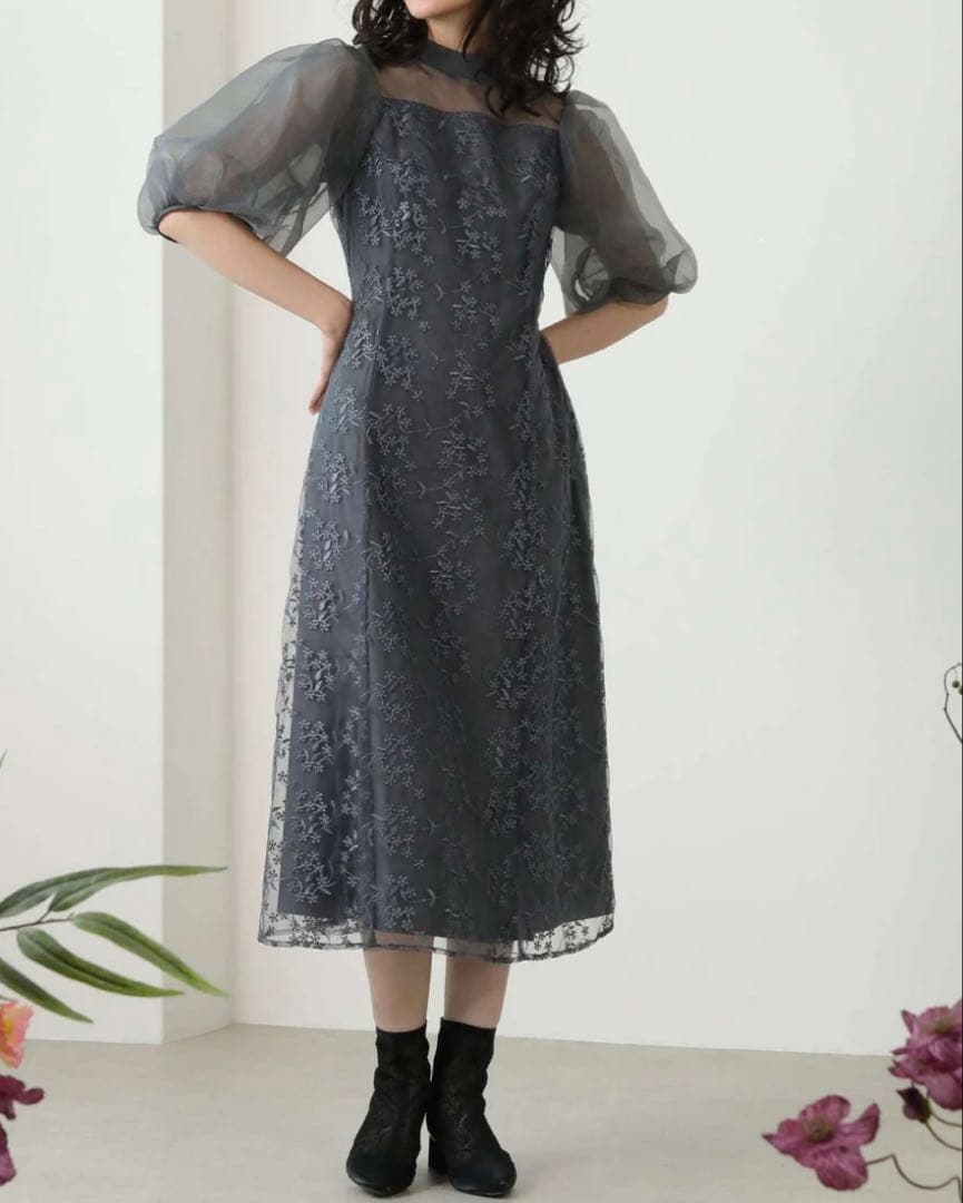 kana オケージョンドレス シアー素材 ボリューム袖 レース グレー Mサイズ