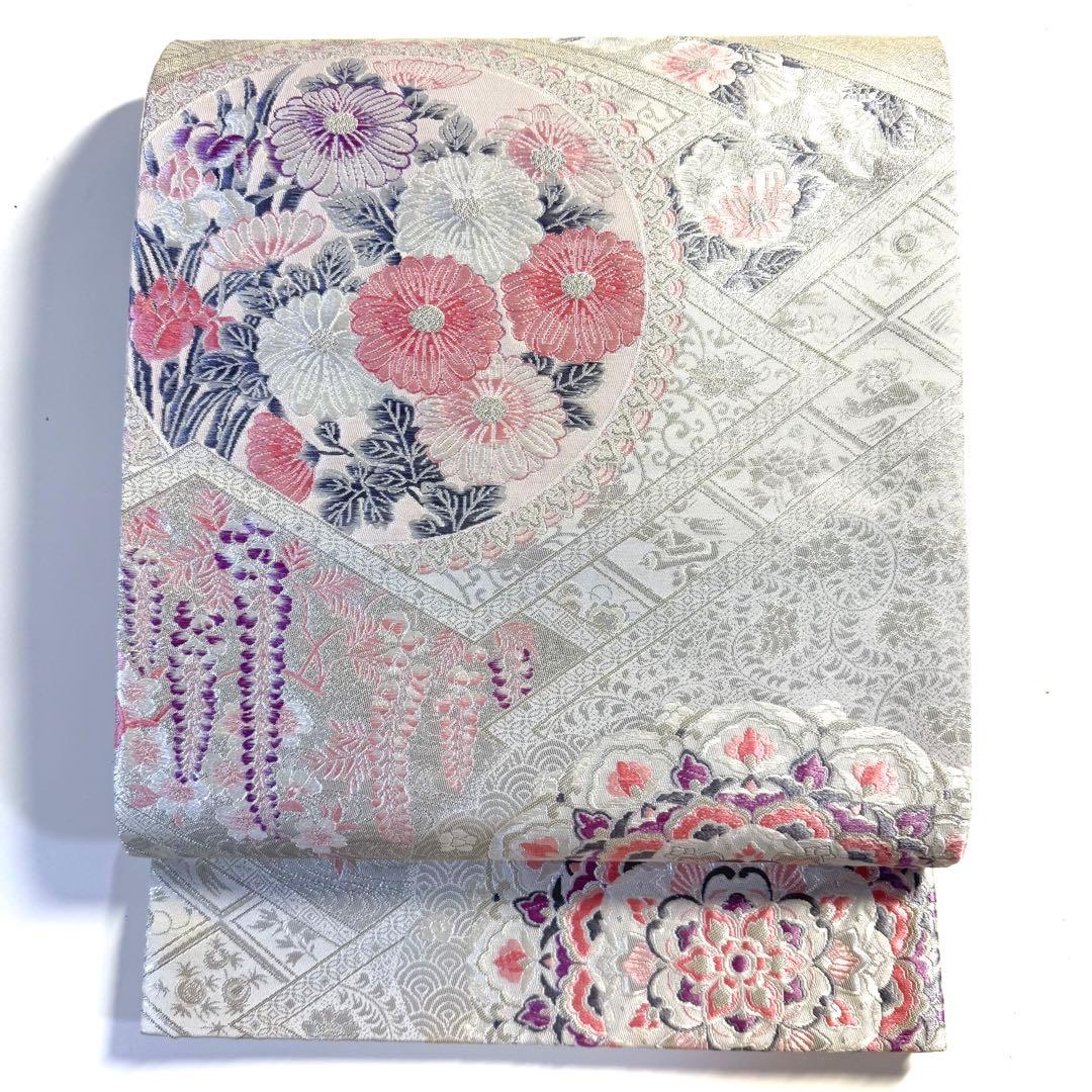 5k2780 袋帯　絹　唐織　プラチナ箔　正倉院文様　華文　銀色　白　ピンク　紫