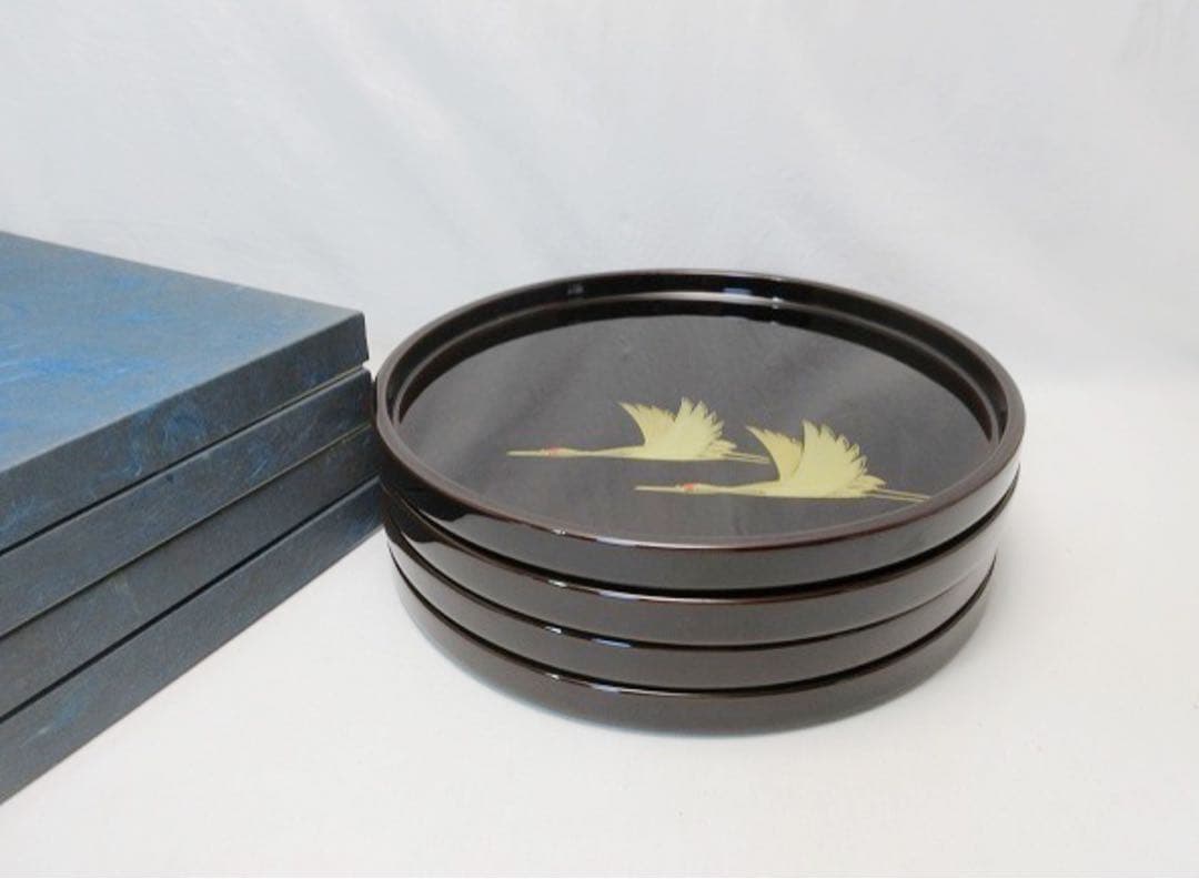 ほぼ未使用 懐石道具 越前塗 天然木製 溜塗 鶴蒔絵 丸膳4客揃 元箱