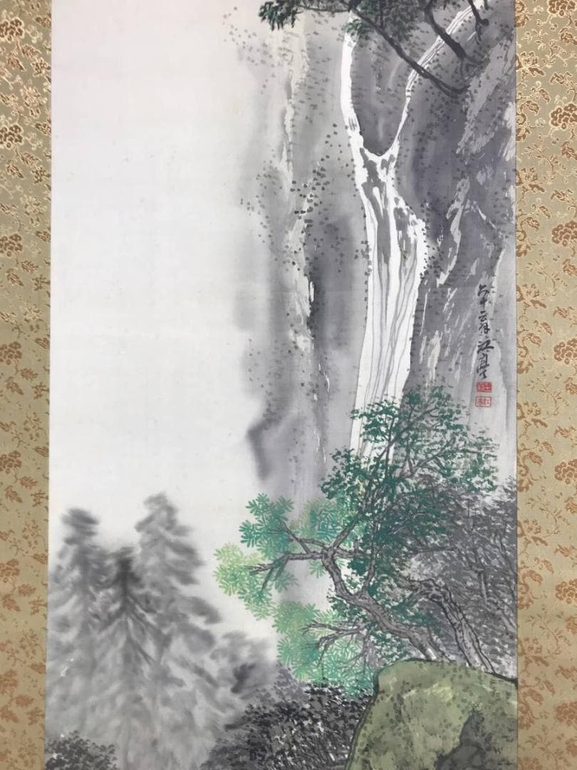 【真作】福井江亭/雲嶺飛泉/滝山水猿図/山水図/猿図/掛軸☆宝船☆AD-501