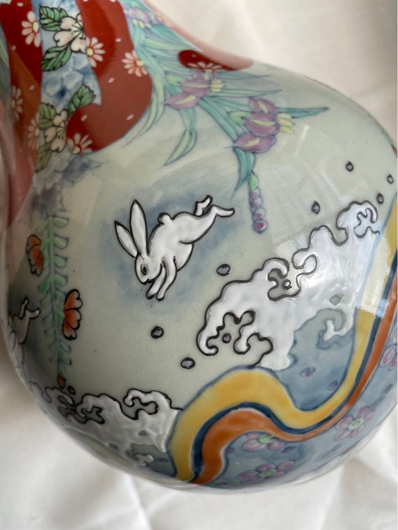 【六代目走波・走波焼】染錦あやめ波兎草花文(箱あり)