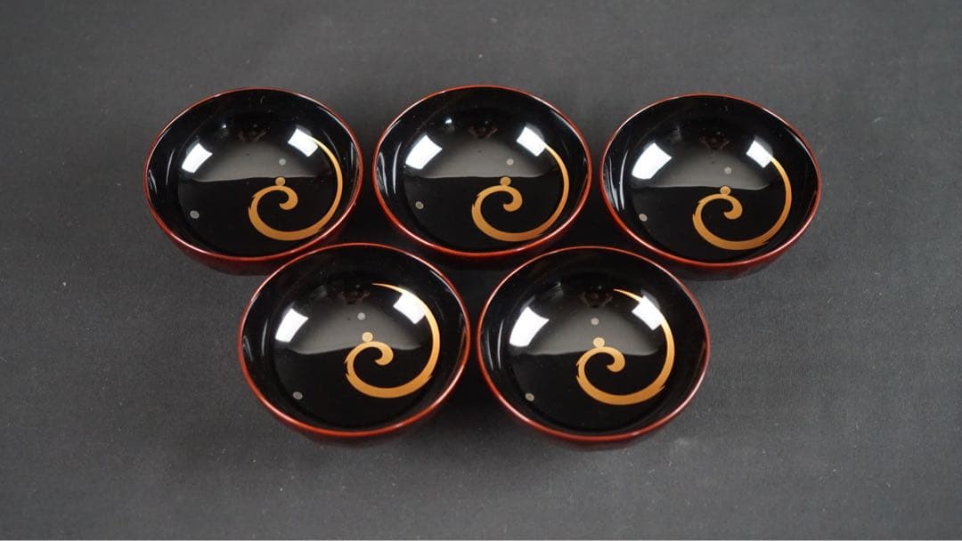 輪島塗 渦蒔絵 亀甲形 吸物椀 5客 共箱 未使用 美品