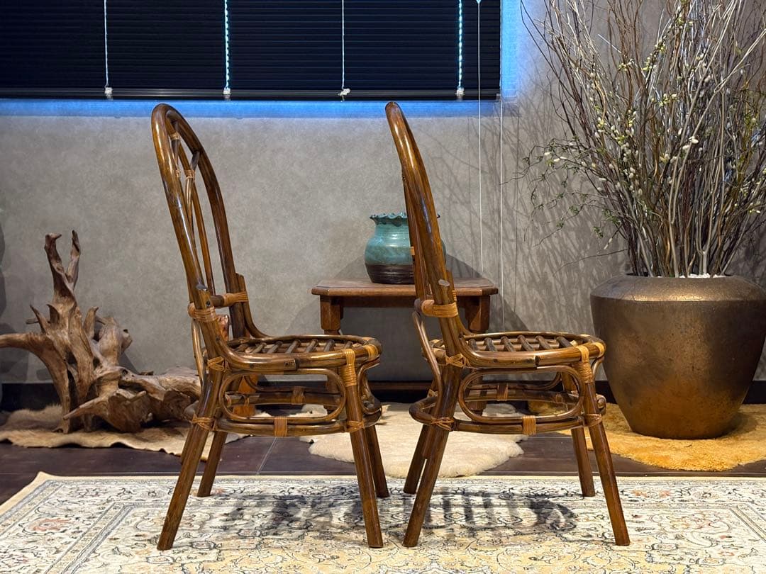 ラタン 籐家具 丸テーブル ダイニングチェア 台湾製 曲木 ビンテージ IG