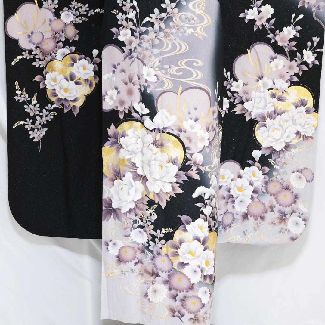 【美品】黒×くすみカラー振袖7点セット158cm帯新品フルセット成人式TU24