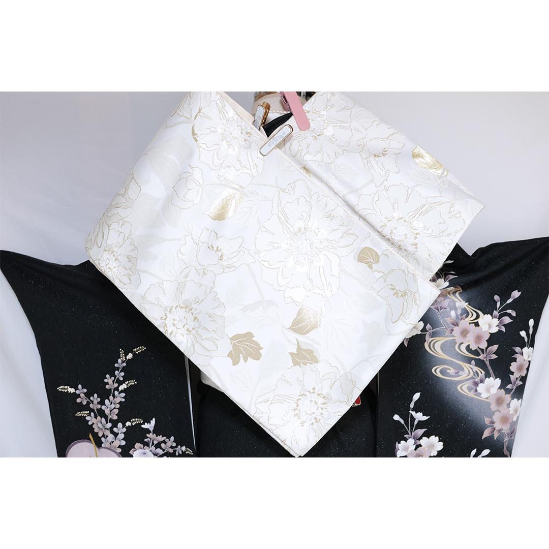 【美品】黒×くすみカラー振袖7点セット158cm帯新品フルセット成人式TU24