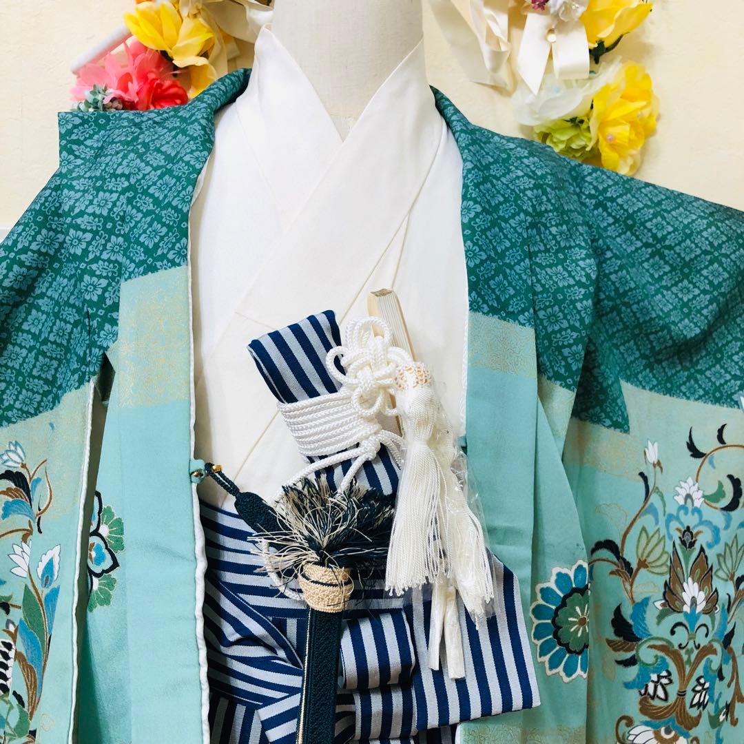 七五三 五歳‼️グリーン系に鷹金彩煌びやか‼️袴未使用しつけ糸付き‼️完全フルセット‼️
