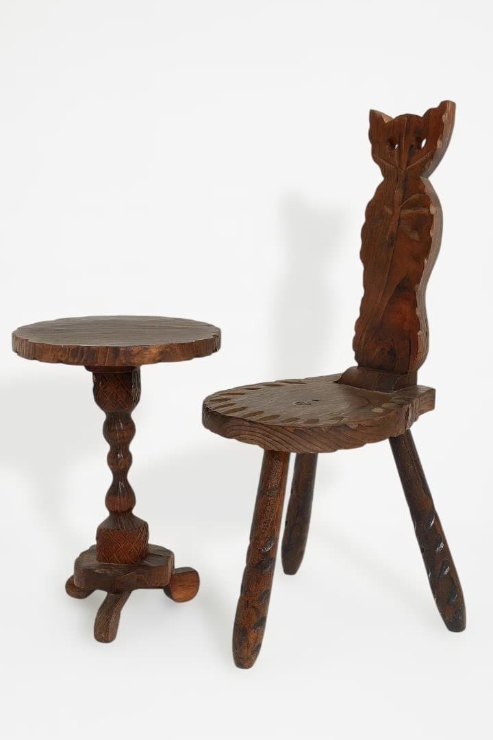 木製円形テーブル 猫型椅子 波型天板セット