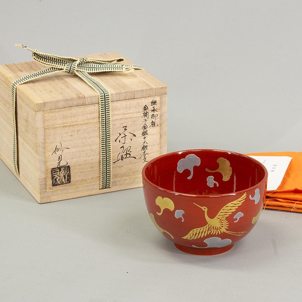 京焼 妙見窯 今岡妙見 茶碗 「金銀鶴銀杏文」共箱 茶道具 抹茶碗