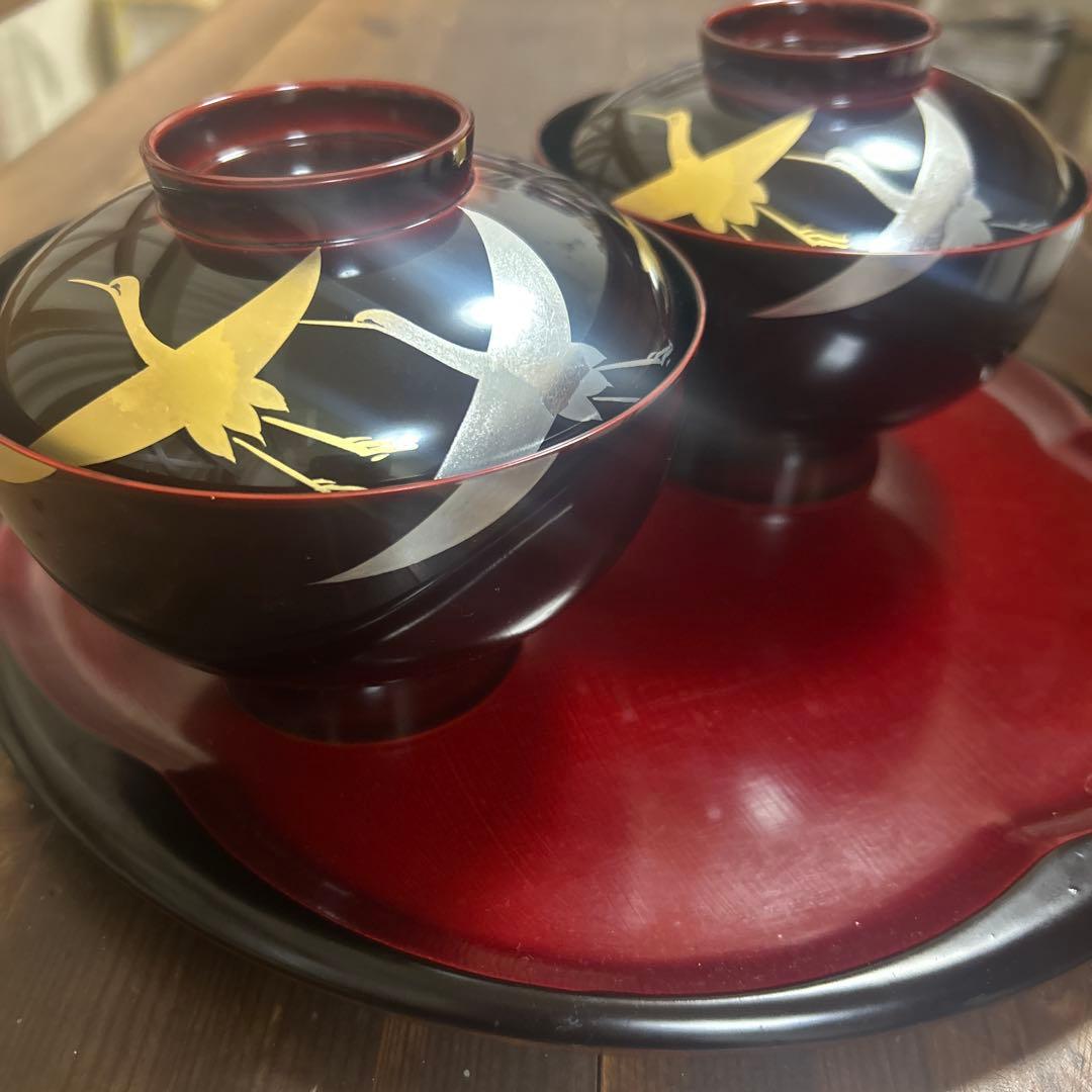 越前塗　千羽鶴雑煮椀 溜　蒔絵　本漆手塗り　ペア　箔鶴蒔絵　煮物椀