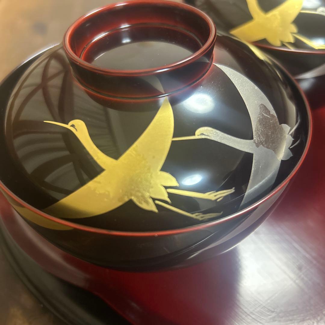 越前塗　千羽鶴雑煮椀 溜　蒔絵　本漆手塗り　ペア　箔鶴蒔絵　煮物椀