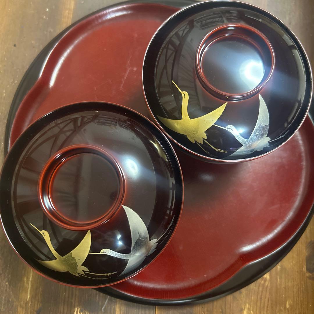 越前塗　千羽鶴雑煮椀 溜　蒔絵　本漆手塗り　ペア　箔鶴蒔絵　煮物椀