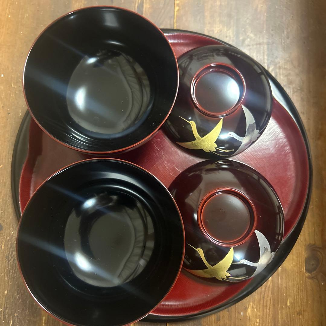 越前塗　千羽鶴雑煮椀 溜　蒔絵　本漆手塗り　ペア　箔鶴蒔絵　煮物椀