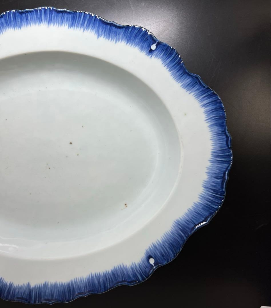 中国清朝時代　新渡青花オーバル皿　木箱付　幅約42.5㎝　東Y7-1024☆2F