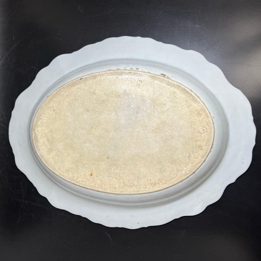 中国清朝時代　新渡青花オーバル皿　木箱付　幅約42.5㎝　東Y7-1024☆2F