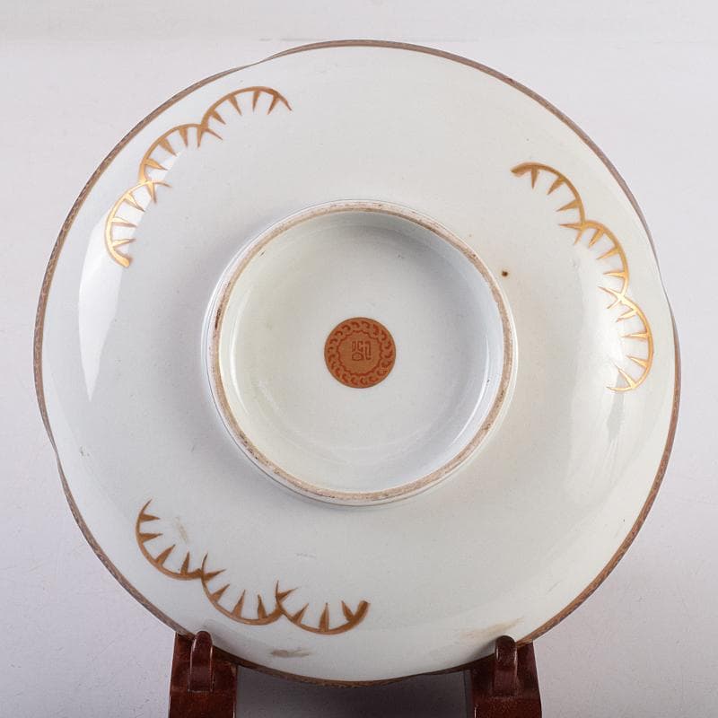 九谷焼　古九谷　色絵青粒金彩　桜牡丹文　飾皿　V　R8914