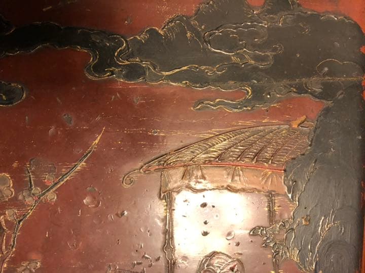 骨董　朱漆　楼閣山水人物堆錦螺鈿　中央香台