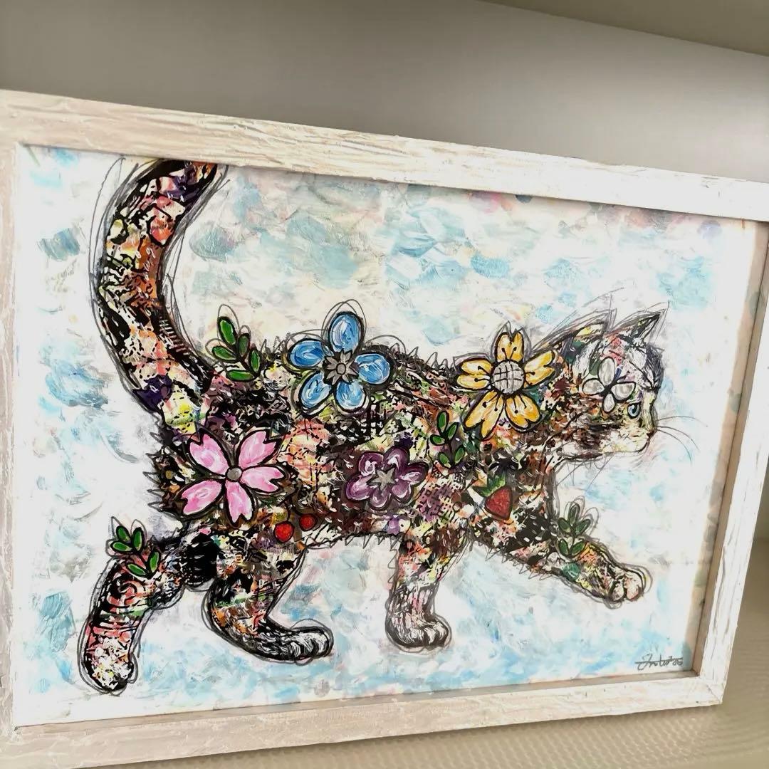 ち*こ様 手作り額付きシルクスクリーン応用絵画　title「旅するニャンコ」