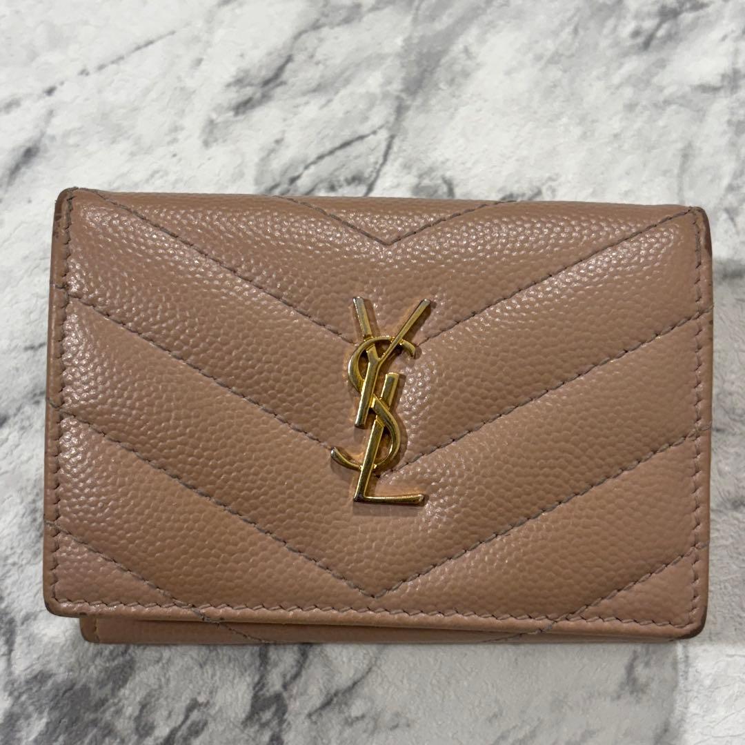 SAINT LAURENT 三つ折り財布 YSL キルティング レザー ピンク