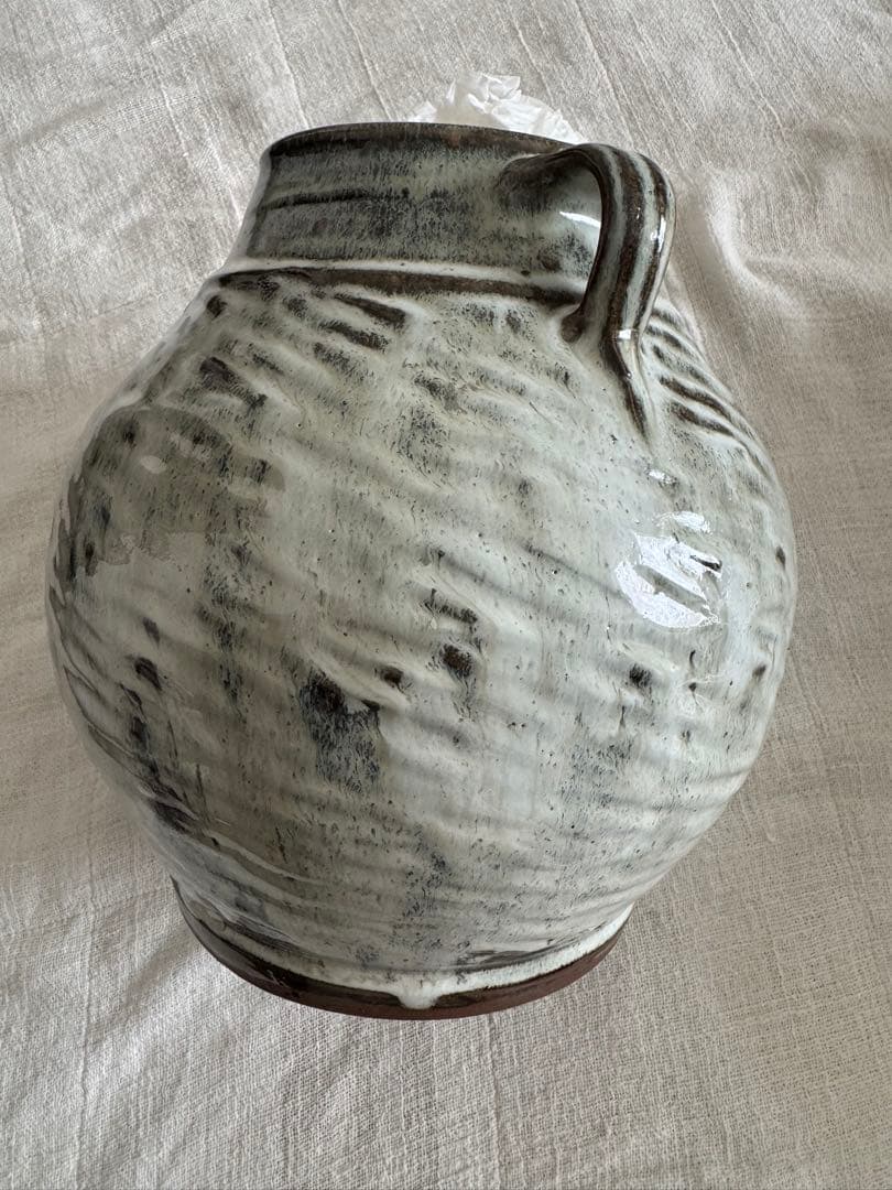 お値下げ　柴田雅章　丹波雅章　花瓶　糠釉紋押耳付壺　民芸