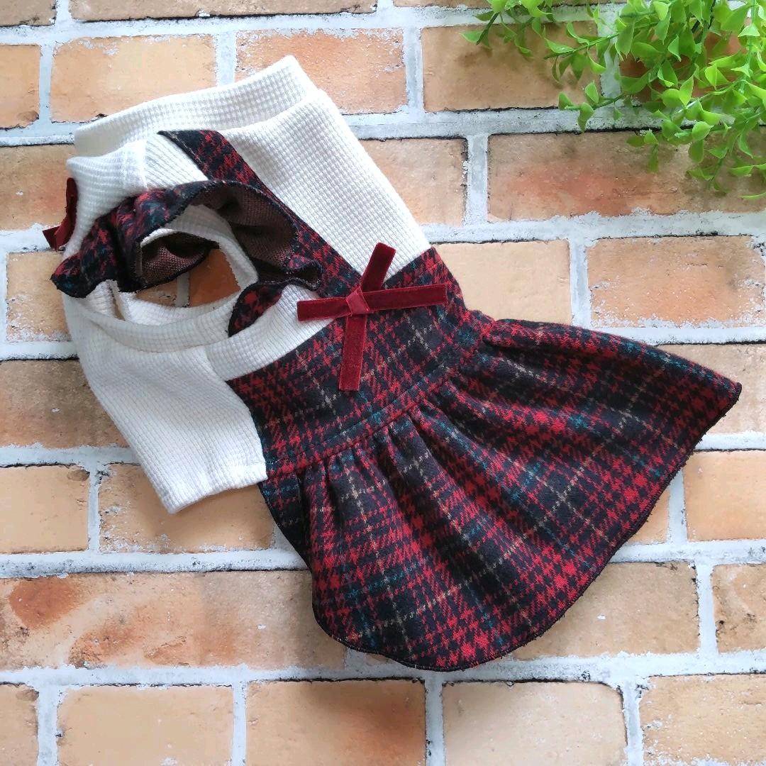 犬服 No.177 スコットチェック赤スカートわんぴ ハンドメイド