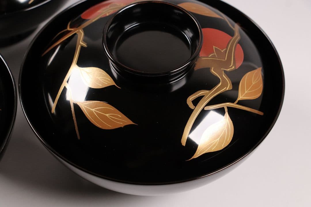 CK71 漆芸 木製漆器 輪島塗 柿蒔絵 黒塗御吸物椀 三客 / 秋 果物