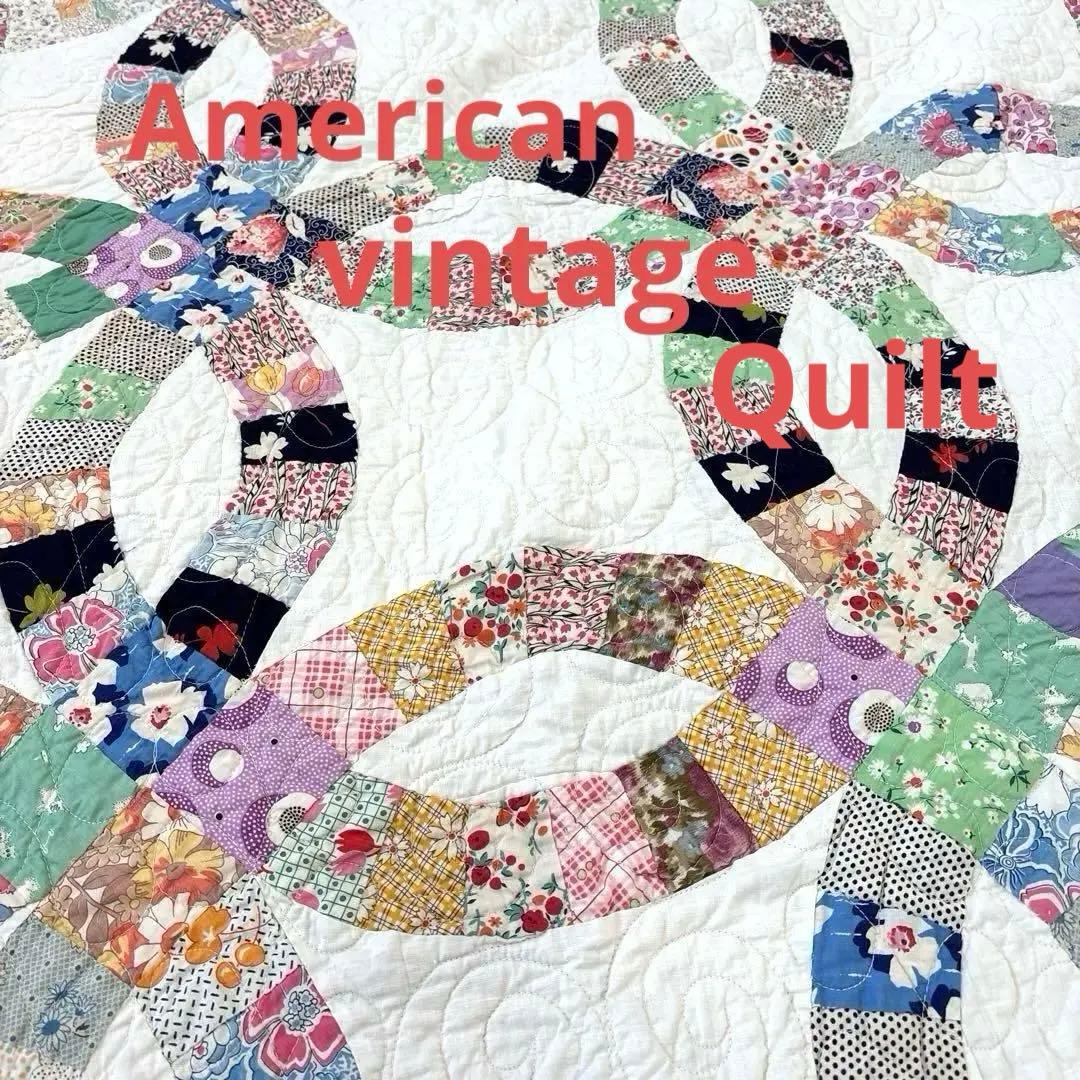 【美品】アメリカンアンティークキルト⭐︎ダブルウエディング 約208×180cm