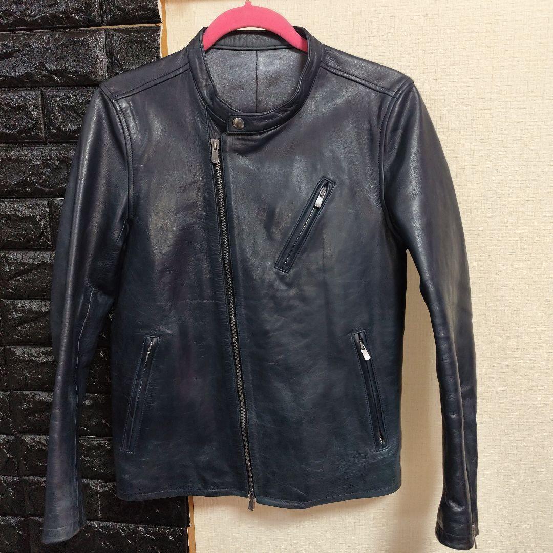 ノーアイディー　希少色ダークブルー本革（牛革）ダブルブレストライダースジャケット