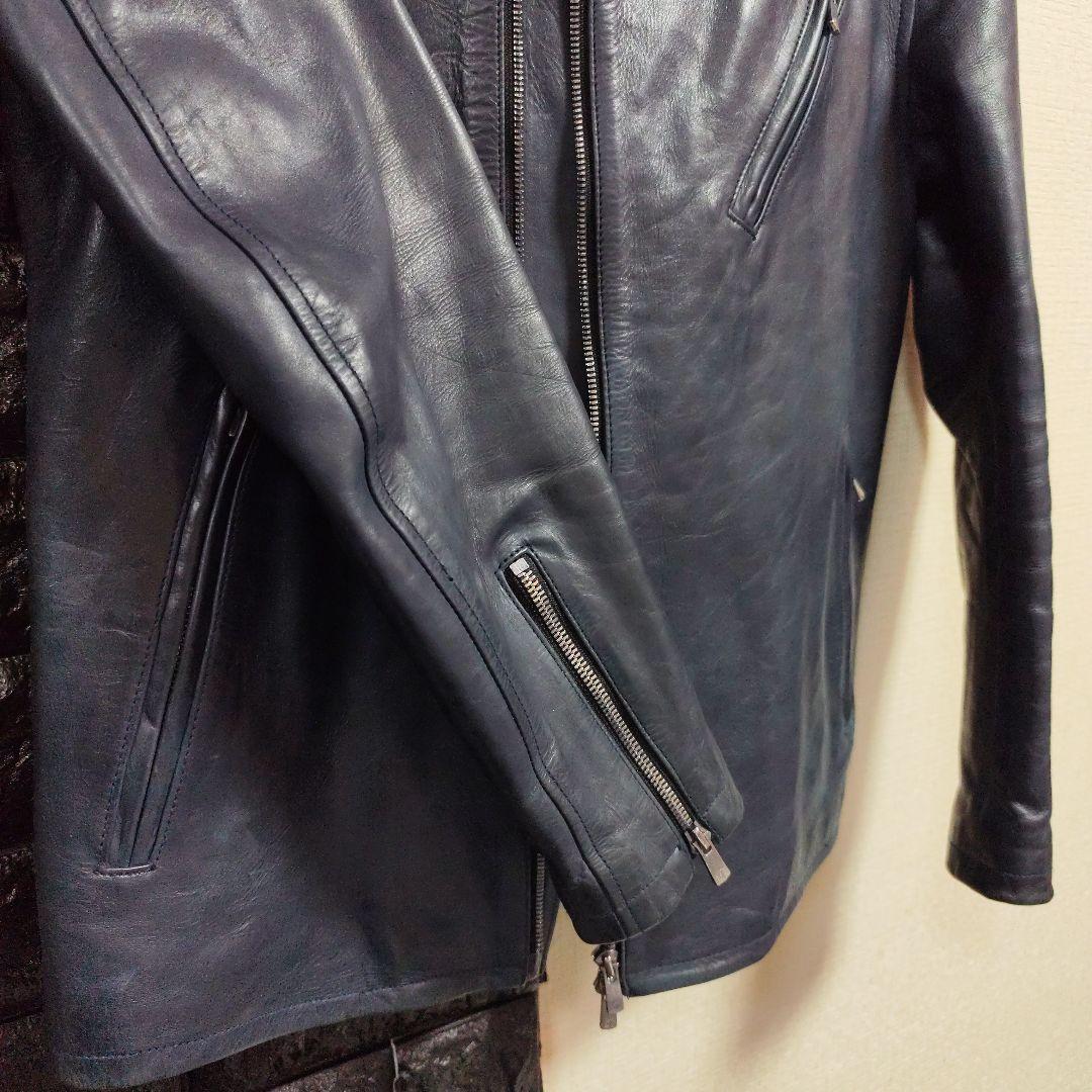 ノーアイディー　希少色ダークブルー本革（牛革）ダブルブレストライダースジャケット