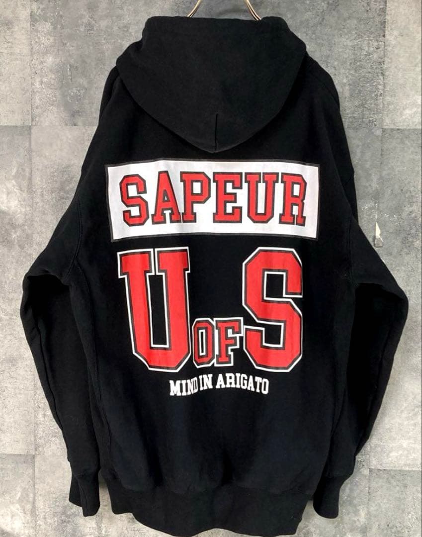 新品タグ付　サプールSapeur プルオーバー　パーカー　ヘビーウエイト L 黒
