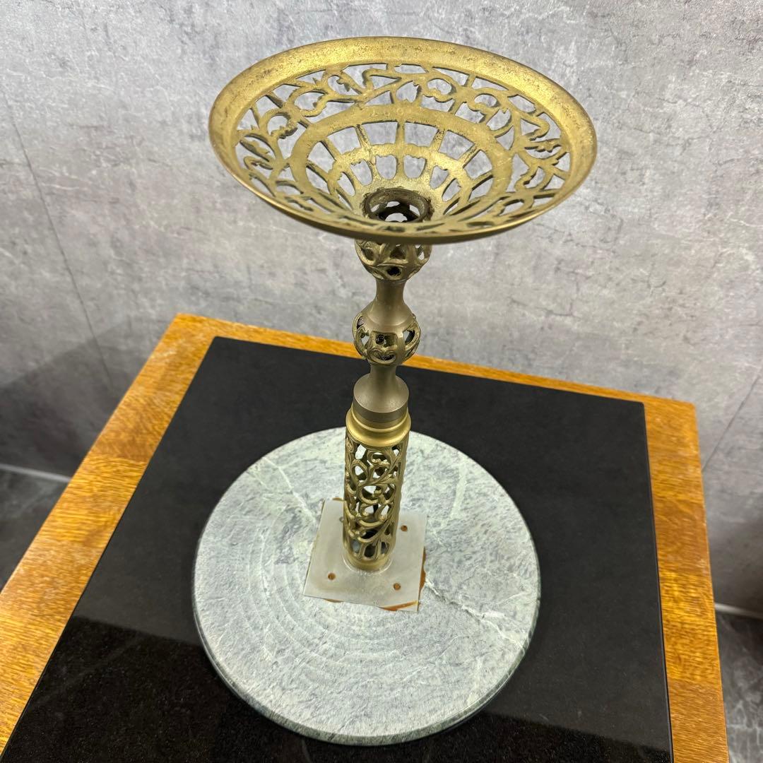 アンティーク 花台 大理石 真鍮 装飾 彫り 丸テーブル