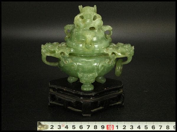 中国美術 玉石 緑石 香炉 台付(ZE497)