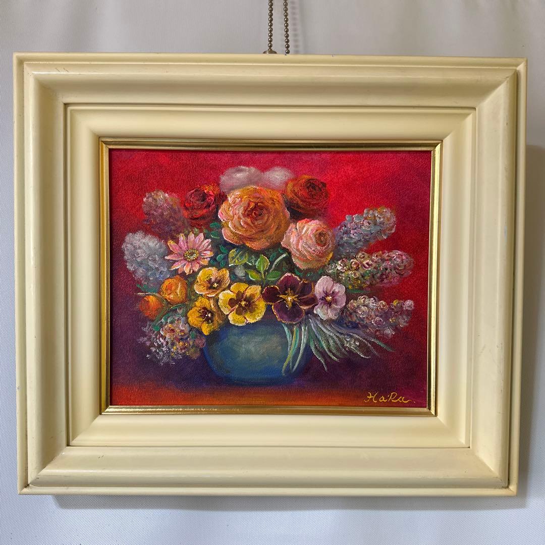 肉筆　油彩　絵画　真作　花瓶の花 美術品　静物画　インテリア　薔薇の作家作品