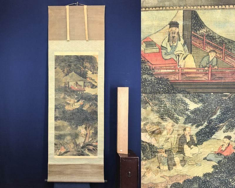 真作/谷文晁/蘭亭曲水図/山水人物図/山水図/掛軸/名家伝来AH-548